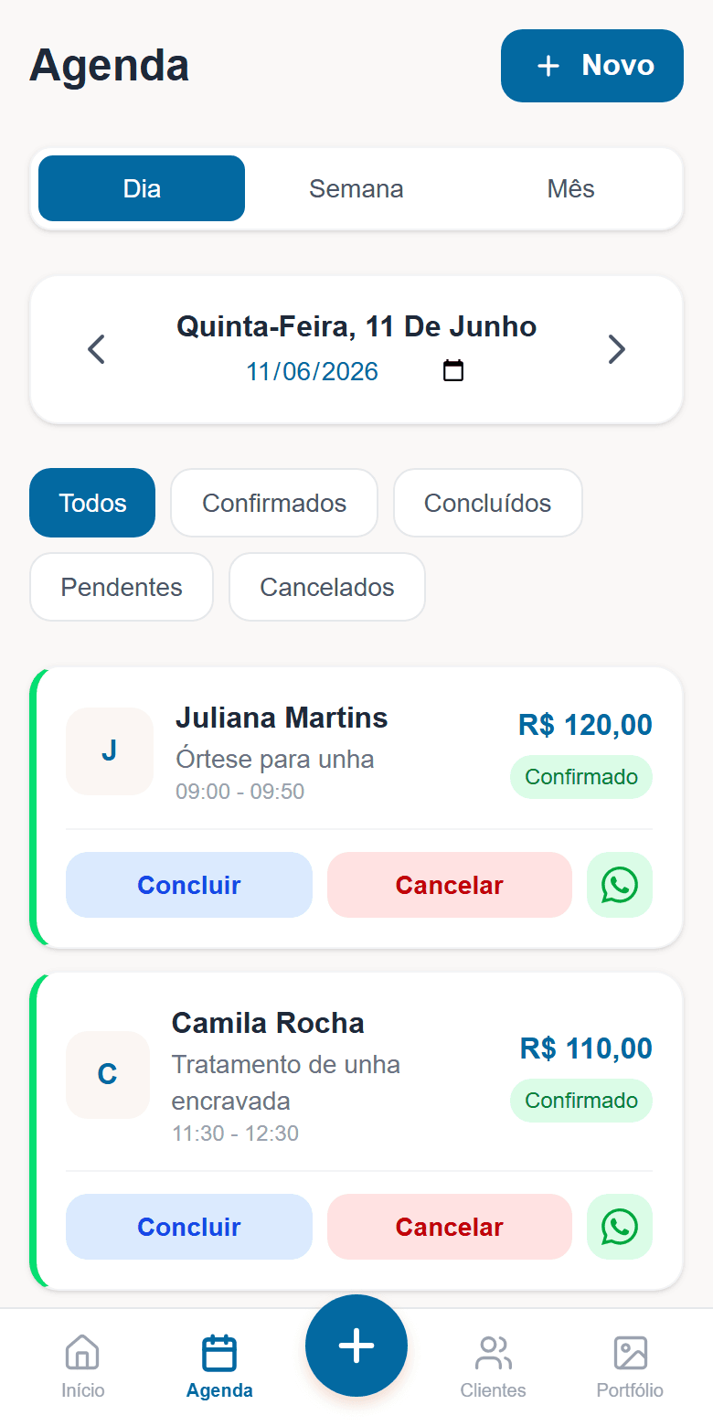 Agenda do dia no Podologia Express: horários, serviços e valores de cada atendimento