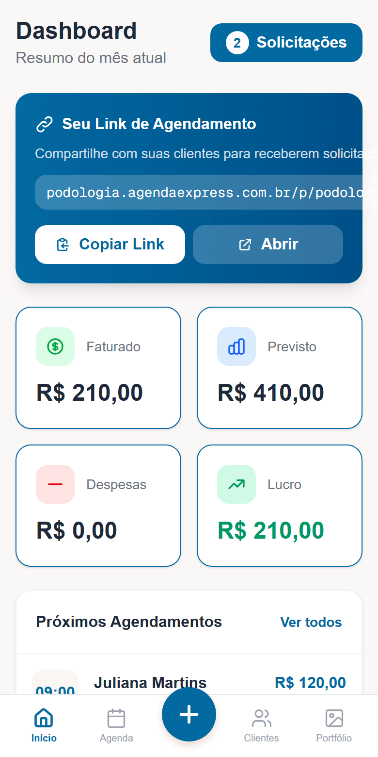 Painel do Podologia Express: faturado e previsto do mês, link de agendamento