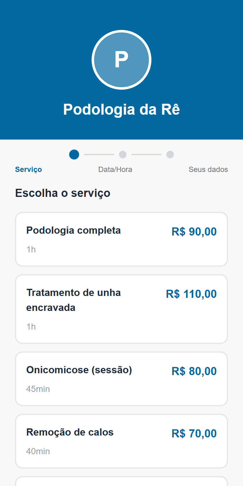 Página de agendamento real do Podologia Express: a cliente escolhe serviço, data e horário