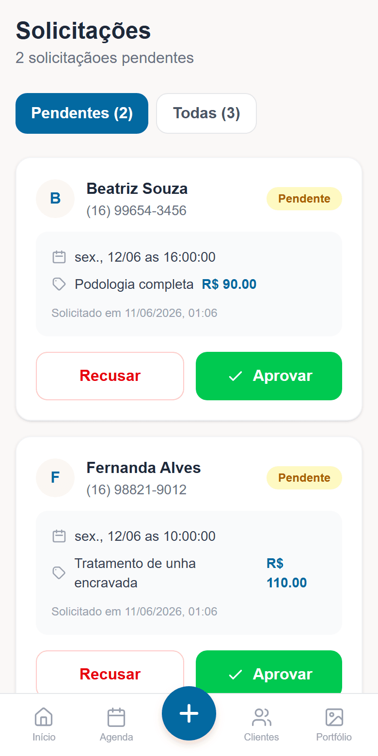 Tela de solicitações do Podologia Express: pedido de horário com botão Aprovar